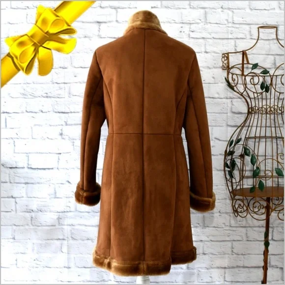 New York & Company Brown Faux Fur Trim Coat - Picture 2 of 8